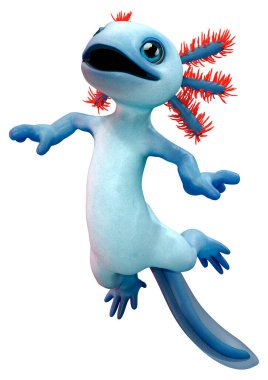 Beyaz arkaplanda izole edilmiş şirin bir mavi çizgi axolotl 'un 3B canlandırması