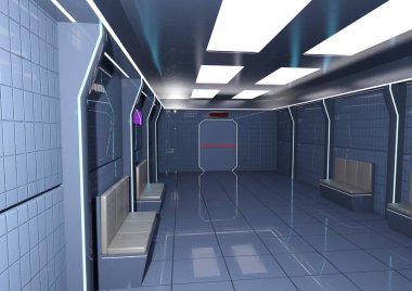 Fütürist bir bilim kurgu koridorunun 3 boyutlu canlandırması