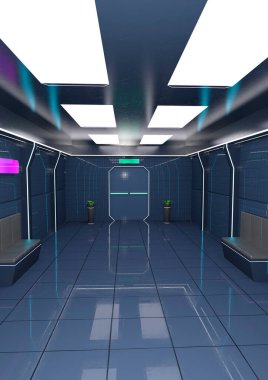 Fütürist bir bilim kurgu koridorunun 3 boyutlu canlandırması