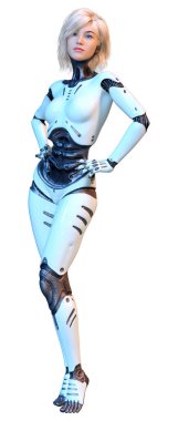 Beyaz arka planda izole edilmiş bir kadın robotun 3 boyutlu canlandırması