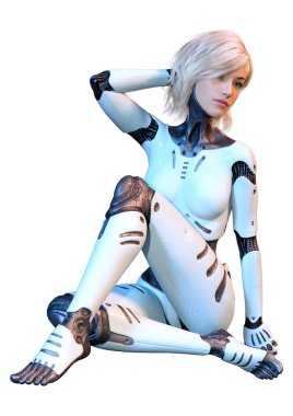 Beyaz arka planda izole edilmiş bir kadın robotun 3 boyutlu canlandırması