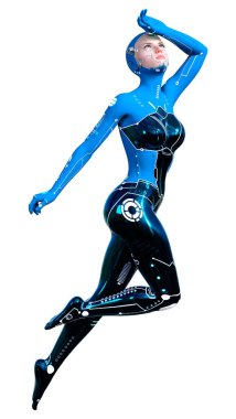 Beyaz arka planda izole edilmiş bir kadın robotun 3 boyutlu canlandırması