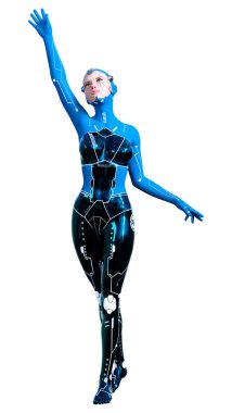 Beyaz arka planda izole edilmiş bir kadın robotun 3 boyutlu canlandırması