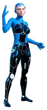 Beyaz arka planda izole edilmiş bir kadın robotun 3 boyutlu canlandırması