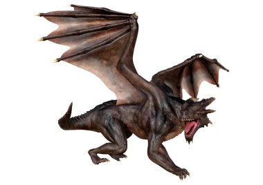 Beyaz arka planda izole edilmiş bir fantezi ejderhanın 3 boyutlu canlandırması