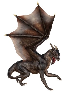 Beyaz arka planda izole edilmiş bir fantezi ejderhanın 3 boyutlu canlandırması