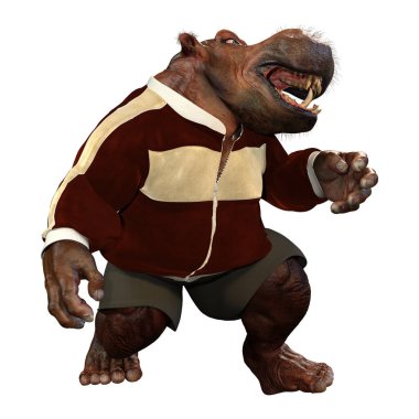 Beyaz arkaplanda izole edilmiş bir çizgi hipopotamın 3B görüntülemesi