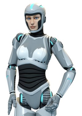 Beyaz arka planda izole edilmiş bir kadın robotun 3 boyutlu canlandırması