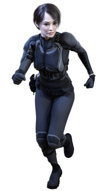 Beyaz arka planda izole edilmiş bir bilim kurgu savaşçısı kadının 3 boyutlu görüntüsü