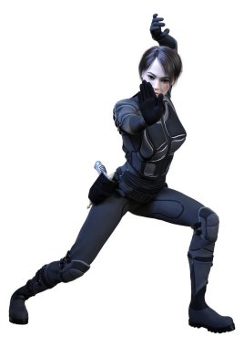 Beyaz arka planda izole edilmiş bir bilim kurgu savaşçısı kadının 3 boyutlu görüntüsü