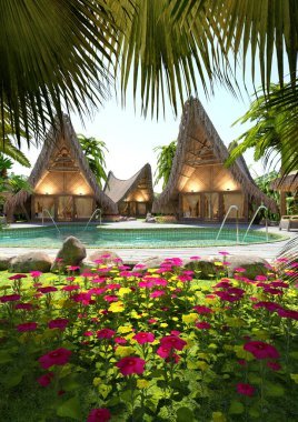 Geleneksel Endonezya yazlık tatil beldesinin 3 boyutlu canlandırması