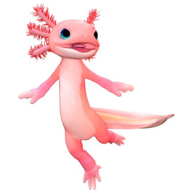 Beyaz arkaplanda izole edilmiş şirin pembe bir axolotl 'un 3 boyutlu canlandırması