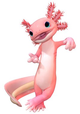 3D rendering of a cute pink toon axolotl isolated on white background