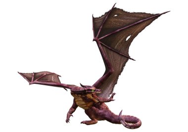 Beyaz arka planda izole edilmiş bir fantezi ejderhanın 3 boyutlu canlandırması