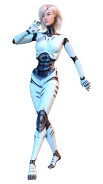 Beyaz arka planda izole edilmiş bir kadın robotun 3 boyutlu canlandırması