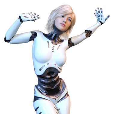 Beyaz arka planda izole edilmiş bir kadın robotun 3 boyutlu canlandırması