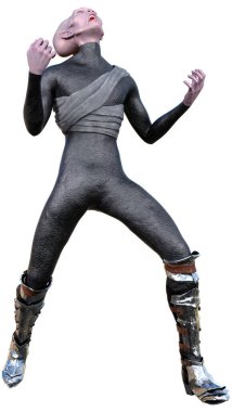 Beyaz arka planda izole edilmiş bir fantezi uzaylının 3 boyutlu canlandırması