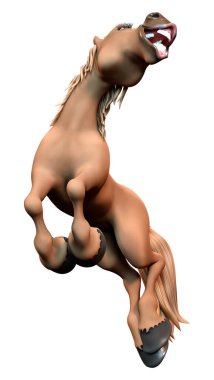 Beyaz arka planda izole edilmiş kahverengi çizgi film atının 3D görüntüsü