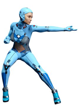 Beyaz arka planda izole edilmiş bir kadın robotun 3 boyutlu canlandırması