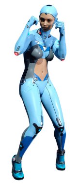 Beyaz arka planda izole edilmiş bir kadın robotun 3 boyutlu canlandırması