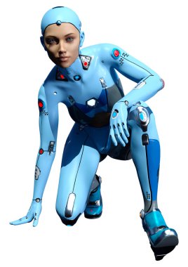 Beyaz arka planda izole edilmiş bir kadın robotun 3 boyutlu canlandırması