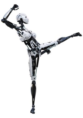 Beyaz arka planda izole edilmiş bir kadın robotun 3 boyutlu canlandırması