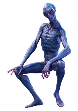 Beyaz arka planda izole edilmiş mavi bir uzaylının 3 boyutlu görüntüsü