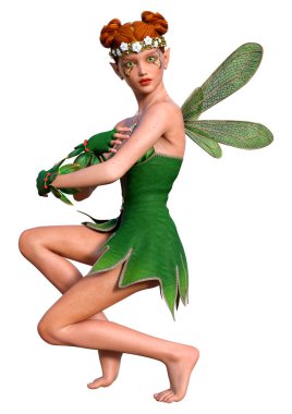 Beyaz arkaplanda izole edilmiş bir bahar perisinin 3 boyutlu canlandırması