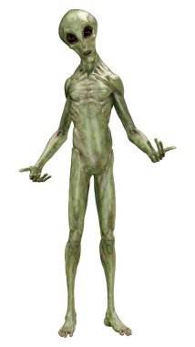 Beyaz arka planda izole edilmiş yeşil bir uzaylının 3 boyutlu görüntüsü