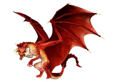 Beyaz arka planda izole edilmiş bir fantezi ejderhanın 3 boyutlu canlandırması