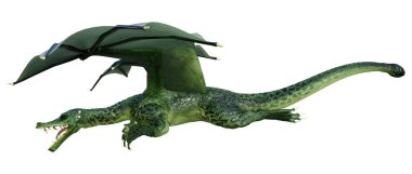 Beyaz arka planda izole edilmiş bir fantezi ejderhanın 3 boyutlu canlandırması