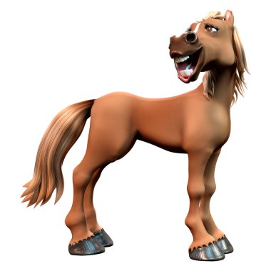 Beyaz arka planda izole edilmiş kahverengi çizgi film atının 3D görüntüsü