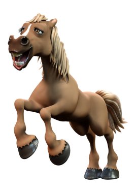 Beyaz arka planda izole edilmiş kahverengi çizgi film atının 3D görüntüsü