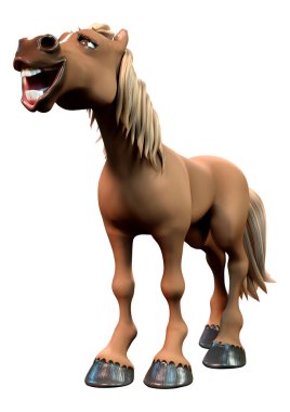 Beyaz arka planda izole edilmiş kahverengi çizgi film atının 3D görüntüsü