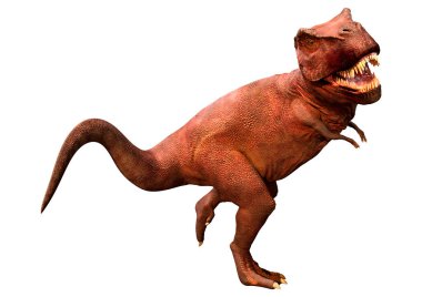 Beyaz zemin üzerinde izole edilmiş bir dinozor Tyrannosaurus Rex 'in 3D görüntüsü