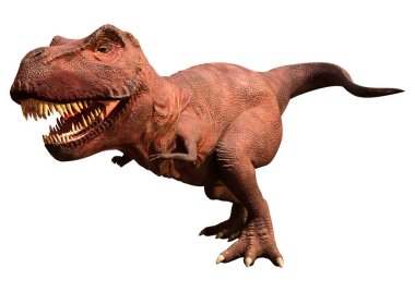 Beyaz zemin üzerinde izole edilmiş bir dinozor Tyrannosaurus Rex 'in 3D görüntüsü