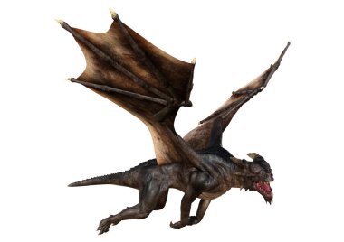 Beyaz arka planda izole edilmiş bir fantezi ejderhanın 3 boyutlu canlandırması