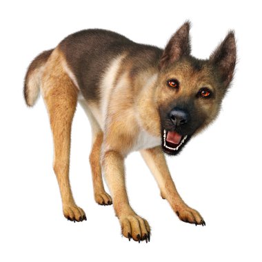 Beyaz arka planda izole edilmiş bir Alman çoban köpeğinin 3 boyutlu görüntüsü