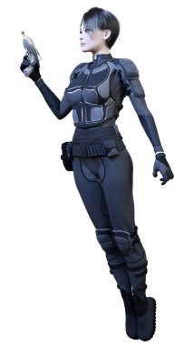 Beyaz arka planda izole edilmiş bir ışın tabancası tutan üç boyutlu kurgusal savaşçı kadın.