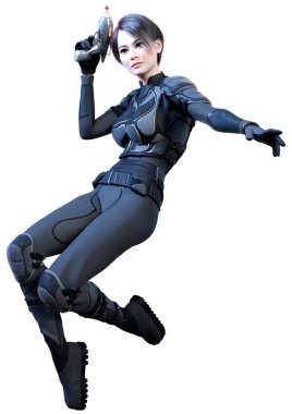 Beyaz arka planda izole edilmiş bir ışın tabancası tutan üç boyutlu kurgusal savaşçı kadın.