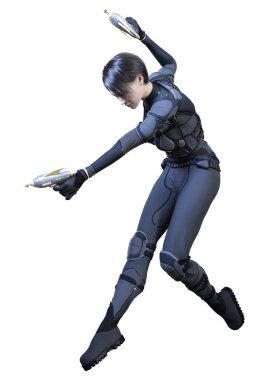 Beyaz arka planda iki ışın tabancası tutan üç boyutlu bilim kurgu savaşçısı bir kadının görüntüsü.