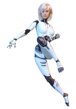 Beyaz arka planda izole edilmiş bir kadın robotun 3 boyutlu canlandırması