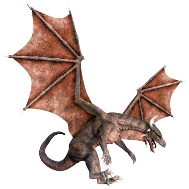 Beyaz arka planda izole edilmiş bir fantezi ejderhanın 3 boyutlu canlandırması