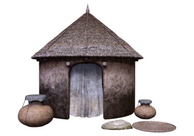 Beyaz arkaplanda izole edilmiş bir fantezi kulübesinin 3 boyutlu canlandırması