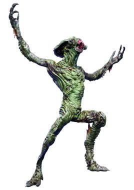 Beyaz arka planda izole edilmiş yeşil bir uzaylının 3 boyutlu görüntüsü