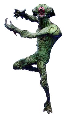 Beyaz arka planda izole edilmiş yeşil bir uzaylının 3 boyutlu görüntüsü