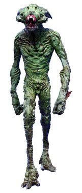 Beyaz arka planda izole edilmiş yeşil bir uzaylının 3 boyutlu görüntüsü