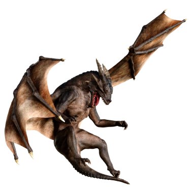 Beyaz arka planda izole edilmiş bir fantezi ejderhanın 3 boyutlu canlandırması