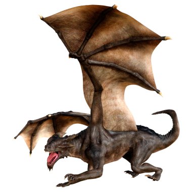 Beyaz arka planda izole edilmiş bir fantezi ejderhanın 3 boyutlu canlandırması