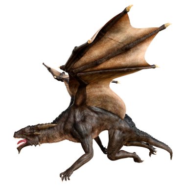 Beyaz arka planda izole edilmiş bir fantezi ejderhanın 3 boyutlu canlandırması